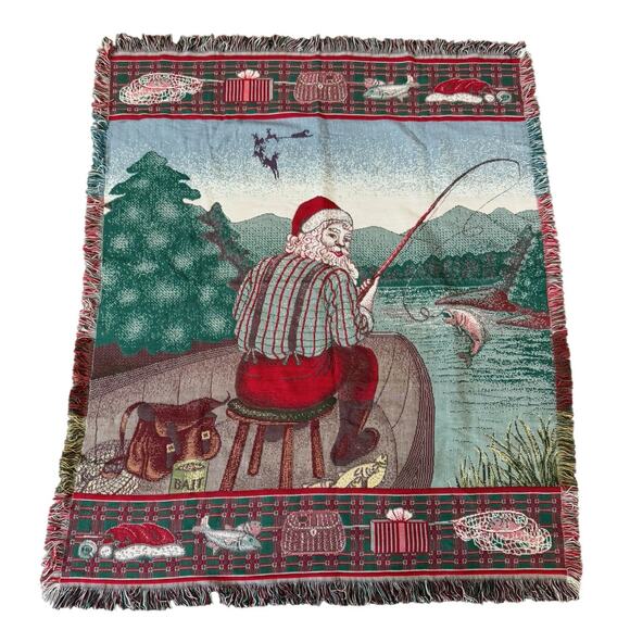 American Weavers Santa Claus Fishing Throw Blanket Tapestry Rustic Outdoor Cabin - Picture 1 of 5